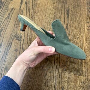 MARI GIUSICELLI Suede Slip-On Kitten Heel Mule in Olive Green